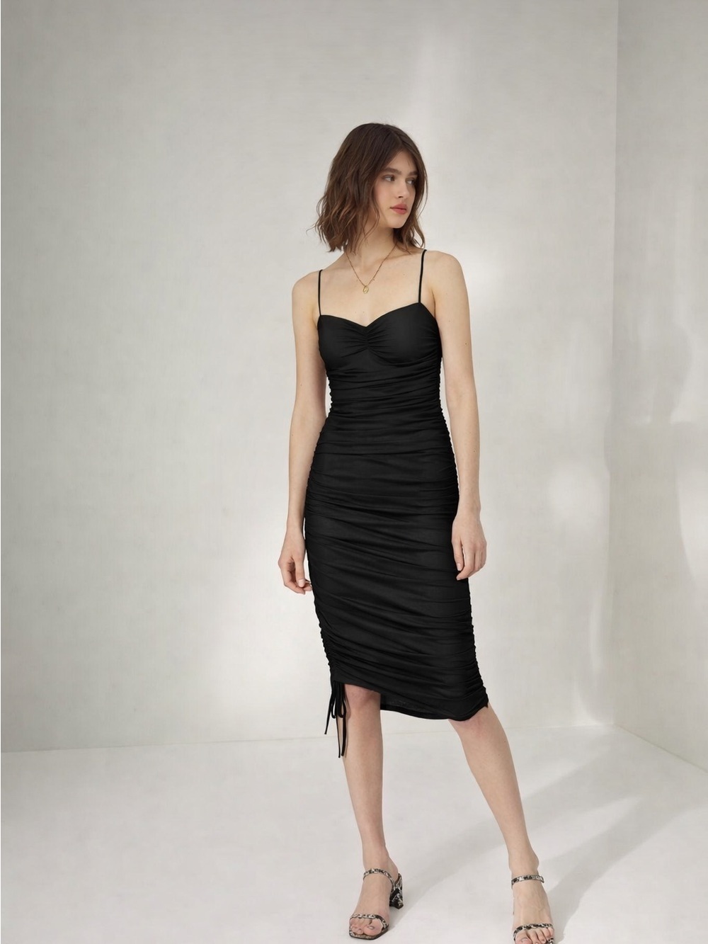 ARITZIA WILFRED Rivers dress. Black Ruched Spaghetti-Strap Midi Dress. Size S